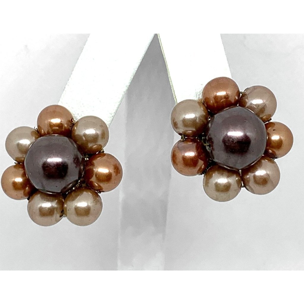 Vintage Japan Taupe Purple Pink Bead Clip Earrings 11$